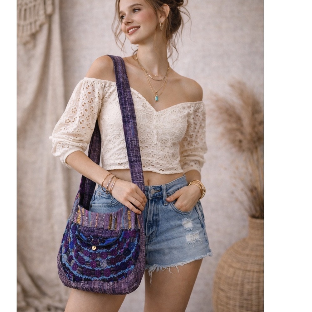 Purple Boho Embroidered Hobo Bag Woven Ikat Festival Crossbody Shoulder Bag - Picture 2 of 11